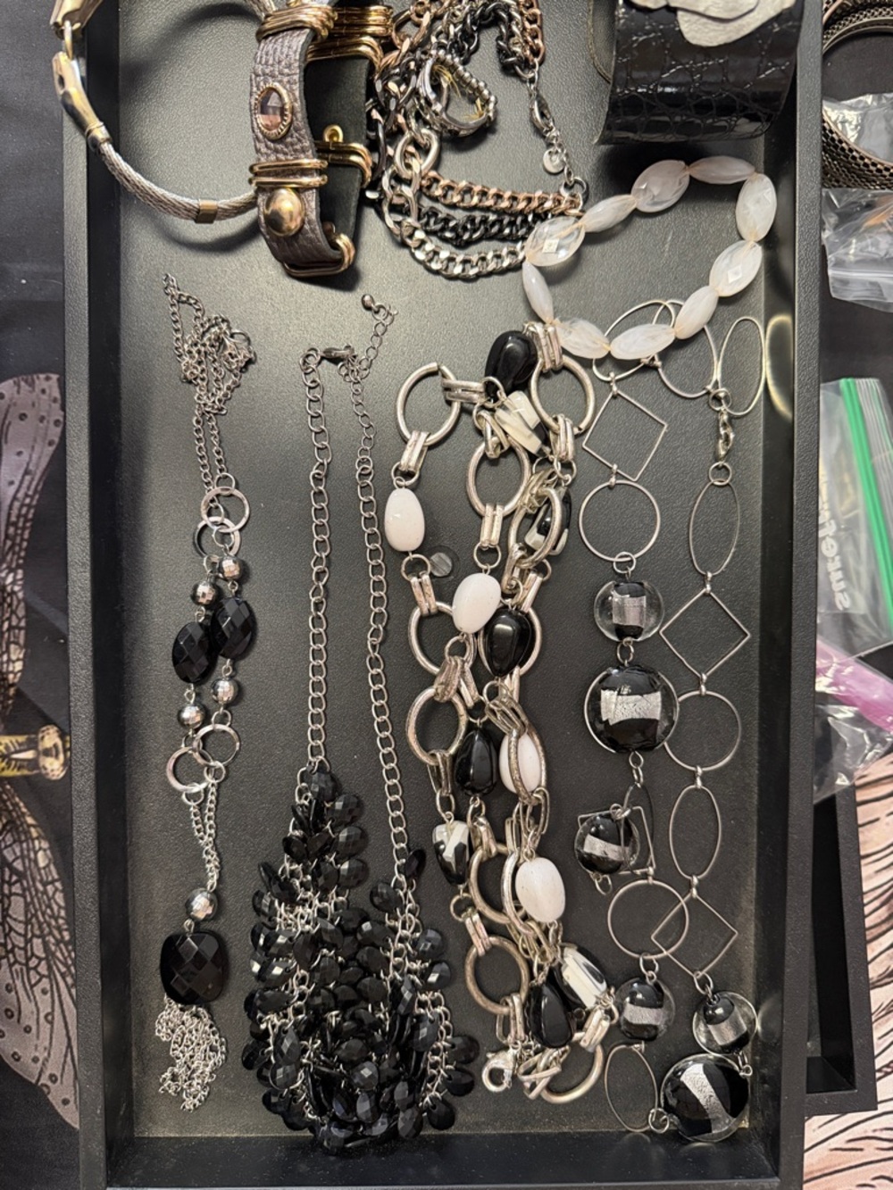Women's Black and White Mixed Bead Statement Necklace and bracelet lot
